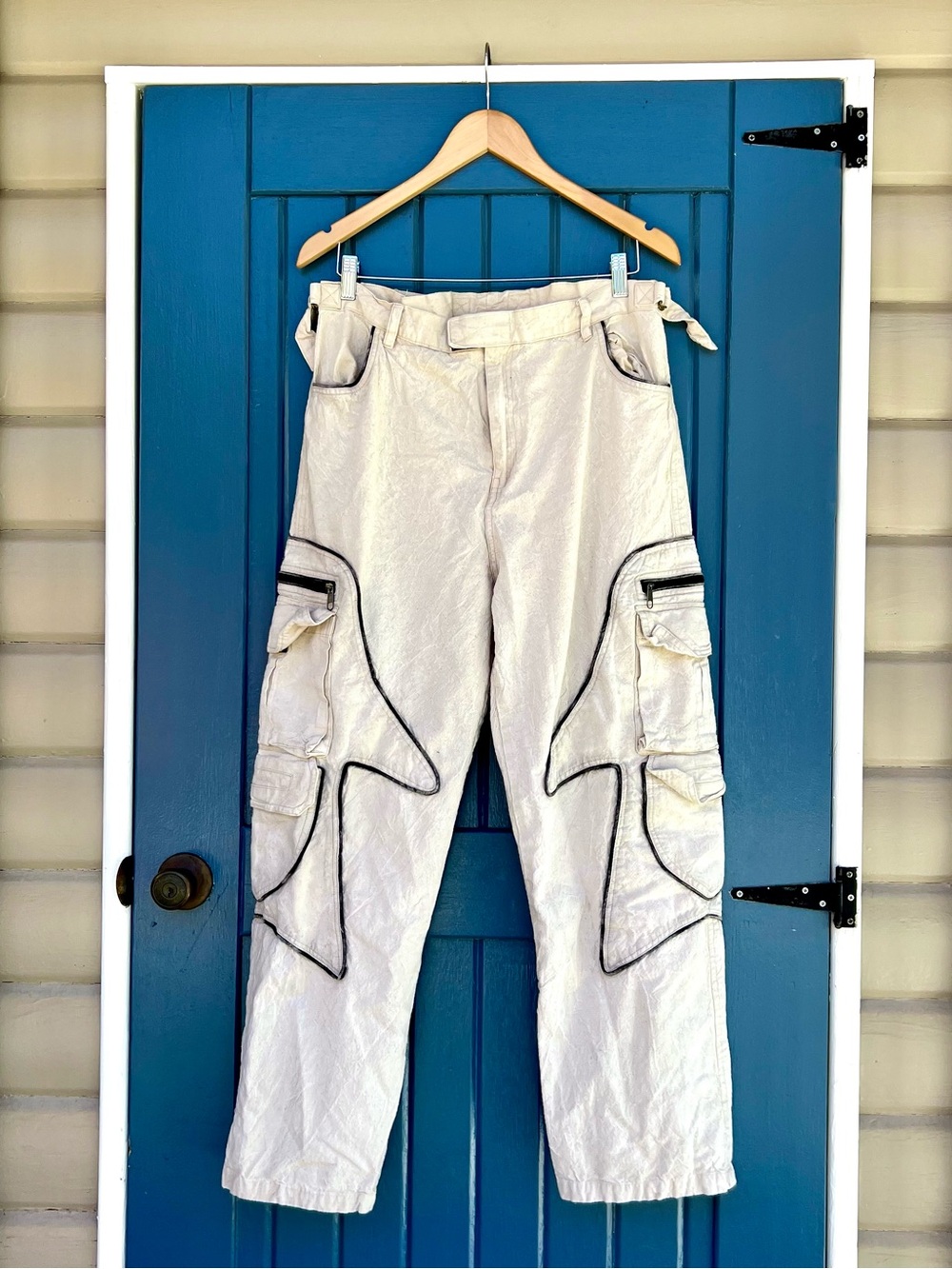 Unisex Boho Tibetan Gift Corner cream cargo pants with black piping Size XL